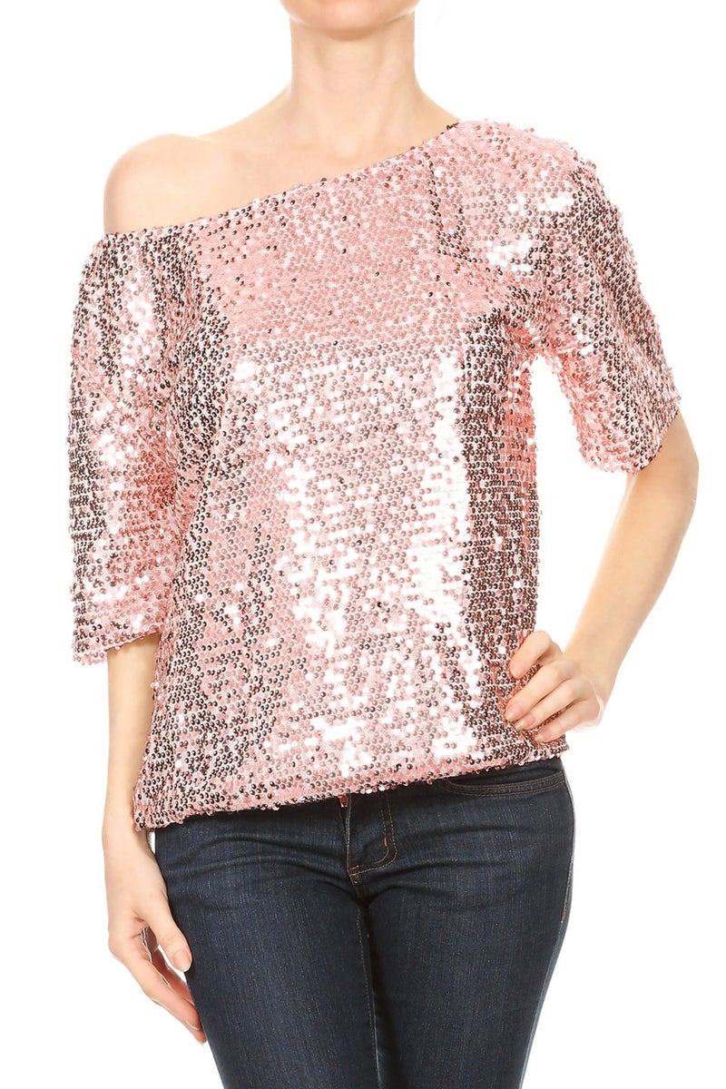 Anna-Kaci Womens Short Sleeve One Shoulder Sparkly Glitter Sequin Top Shirt Blouse, Pink, Large - Image 1